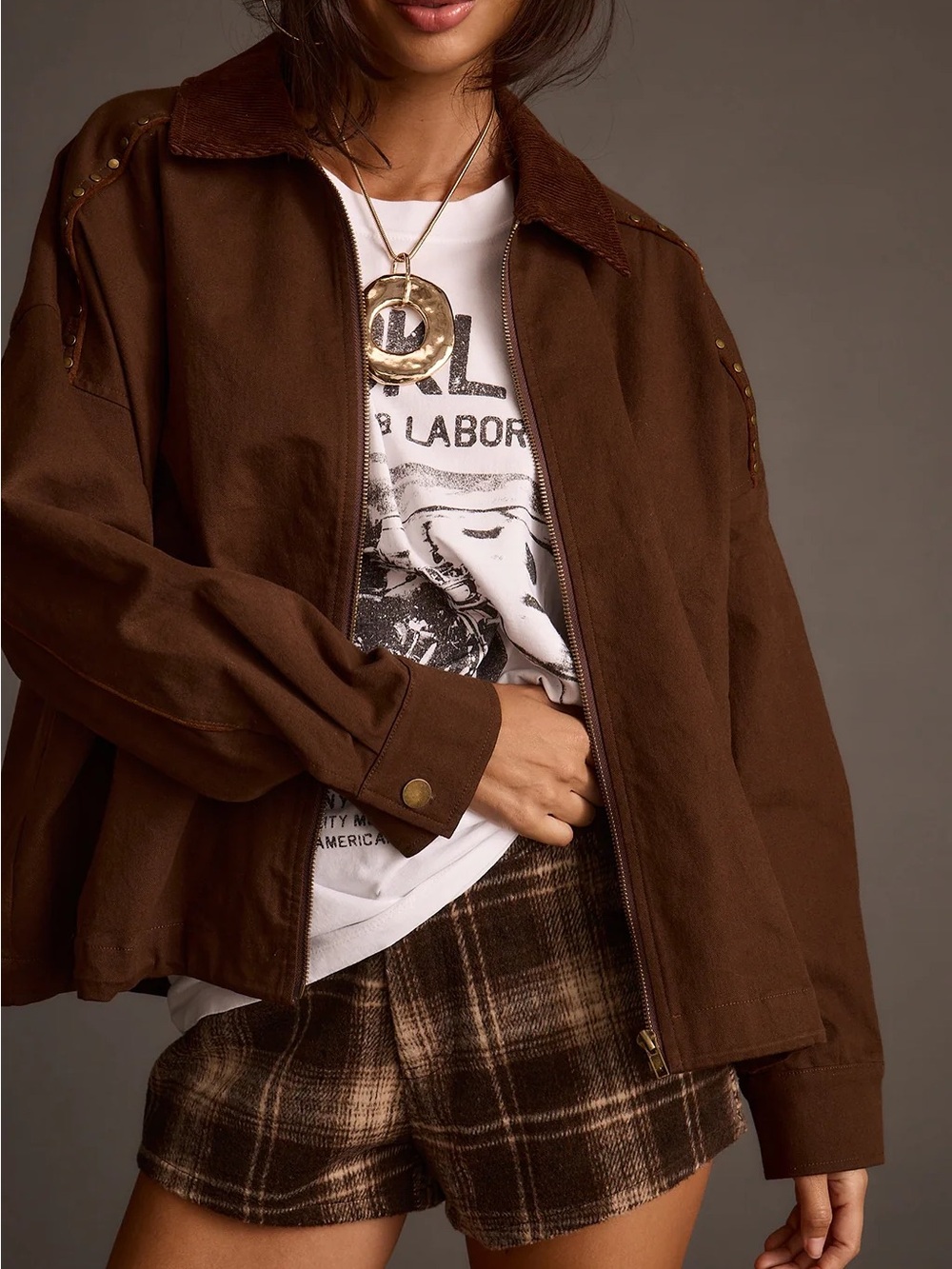 12th Tribe Fairfax Studded Canvas Utility Jacket Mocha M NWT - Picture 2 of 8